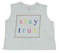 Biely crop top so zlatým rámem s farebnymi nápisy PRIMARK