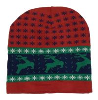 Červeno-zeleno-modrá vzorovaná pletená čapica so sobmi
