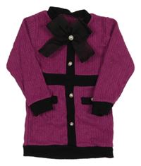 Purpurovo-černé pletené šaty s mašlí a gombíky 