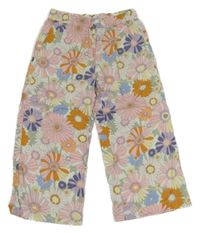 Bílo-barevné květované lehké široké kalhoty H&M