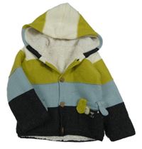 Zeleno-modro-tmavošedý pruhovaný zateplený propínací svetr s kapucí Nutmeg