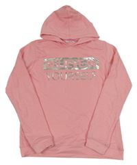 Růžová mikina se stříbrným nápisem a kapucí 