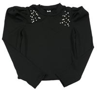 Čierne rebrované tričko s perličkami a nařasenými rukávy shein