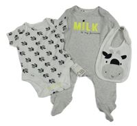 Nové - 3 set - šedý overal s nápisem + bílé body s krávami + bryndák Mothercare