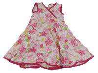 Bielo-ružové kvetované plátenné šaty