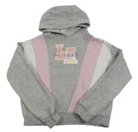 Sivo-ružovo-biela crop mikina s nápisom a kapucňou Primark