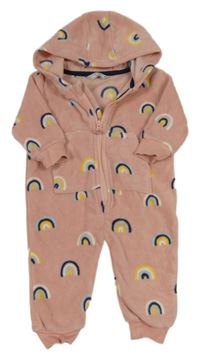 Ružová fleevová kombinéza s duhami a kapucňou