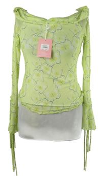 Dámské limetkové tylové triko s motýlky a komínovým límcem 