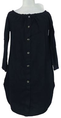 Dámske čierne plátenné košeľové šaty s lodičkovým výstřihem