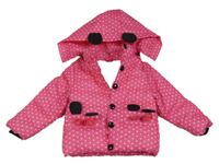 Neonově růžová puntíkatá šusťáková zimní bunda s kapucí s oušky