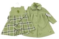 Nové- 2set- zelený flaušový kabát+ zeleno-kostkované šaty s výšivkou 