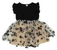 Černo-béžové tylové šaty s květinami Shein