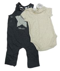 Nové - 2 set - béžové body + šedý laclový overal s hvězdou Next