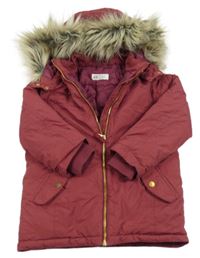 Vínová šusťáková zimní bunda s kapucí s kožešinou H&M