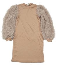 Broskvové rebrované šaty s chlpatymi rukávy Shein