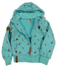 Modrozelená propínací mikina s plachetnicemi a kapucí 