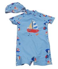 2set - Světlemodrý UV overal s plachetnicemi + čepice Shein