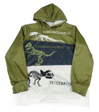 Olivovo-tmavomodro-biela mikina s kostrami dinosaurů a kapucňou