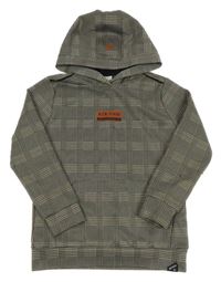 Béžovo-čierno-hnedá kockovaná mikina s nápisom a kapucňou Retour