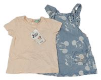 Nové - 2set - Světlemodré riflové šaty s Minnie + světlerůžové tričko Disney