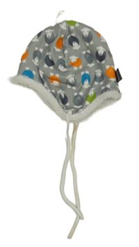 Šedá zateplená ušanka s ovečkami 