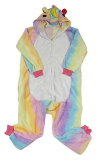 Farebná pruhovaná chlpatá kombinéza s kapucí - jednorožec