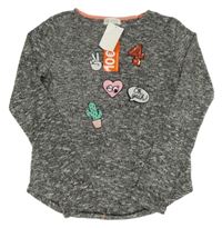Nové - Černo-bílé melírované úpletové triko s nášivkami H&M