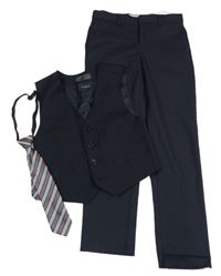 3set - Tmavomodrá společenská vesta + kalhoty + pruhovaná kravata Zara