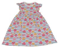 Modro-biele pruhované bavlnené šaty s jahůdkami a duhami