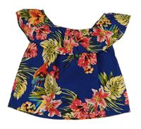 Zafírový blúzková ý crop top s kvetmi a lístečky a papoušky a volánikom PRIMARK