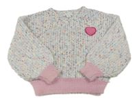 Bielo-barevno-svetloružový melírovaný rebrovaný oversize crop sveter so srdiečkom zn. PRIMARK