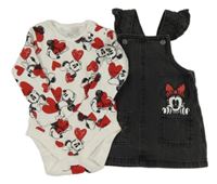 2Set - Tmavosivé rifľové šaty s Minnie a volánky + biele body s Minnie a srdiečkami Disney