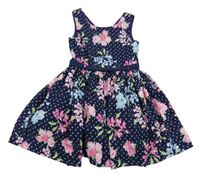 Tmavomodré bodkovaná é šaty s růžemi a opaskom Matalan