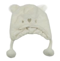 Smetanová plyšová zateplená čepice s bambulemi - medvídek ORCHESTRA