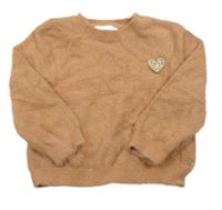 Karamelový melírovaný chlpatý sveter so srdiečkom a trblietkami K3