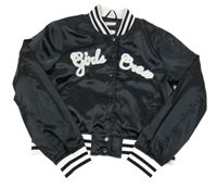 Černo-bílý saténový baseballový jarní crop bomber s nápisom a pruhmi H&M