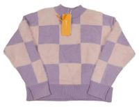 Nové - fialovo-svetloružový kockovaný chlpatý crop sveter ginatricot