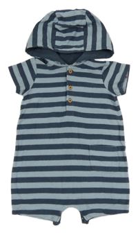 Tmavomodro-světlemodrý pruhovaný teplákový kraťasový overal s kapsou a kapucí Next
