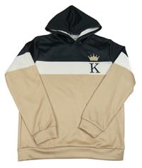 Béžoovo-bielo-čierna mikina s písmenkom a kapucňou