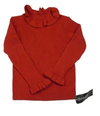 Nové - červený rebrovaný úpletový sveter s volánikmi St. Bernard
