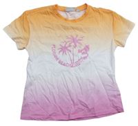 Oranžovo-bielo-ružové tričko s palmou a nápismi Alive