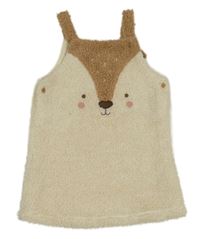 Béžovo-hnědé huňaté podšité laclové šaty s liškou Tu