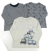 Nové - 3x triko - bílé s auty + modré melírované s auty + tmavomodro-bílé pruhované F&F
