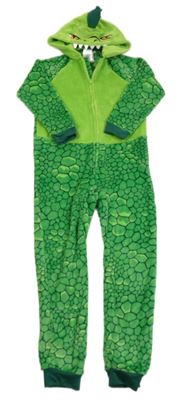 Zelená vzorovaná chlupatá kombinéza s kapucí - dinosaurus