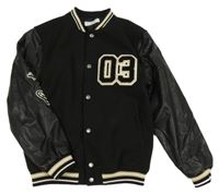 Černá flaušovo/koženková baseballová podšitá bunda s číslem H&M