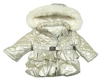 Stříbrná nepromokavá zimní bunda s páskem a kapucí s kožešinou