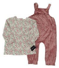 Nové - 2set - Vínové sametové laclové tepláky s volánem + smetanové květované triko Dunnes