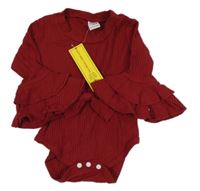 Nové - Tmavočervené žebrované body s mašlí a volány Shein