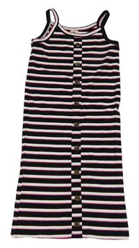 Čierno-bielo-tmavoružové pruhované rebrované elastické šaty s gombíkmi River Island