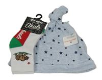 Nové - 2 set - modrá bavlnená čapica s hvězdičkami + bielo-červeno-zelené ponožky
